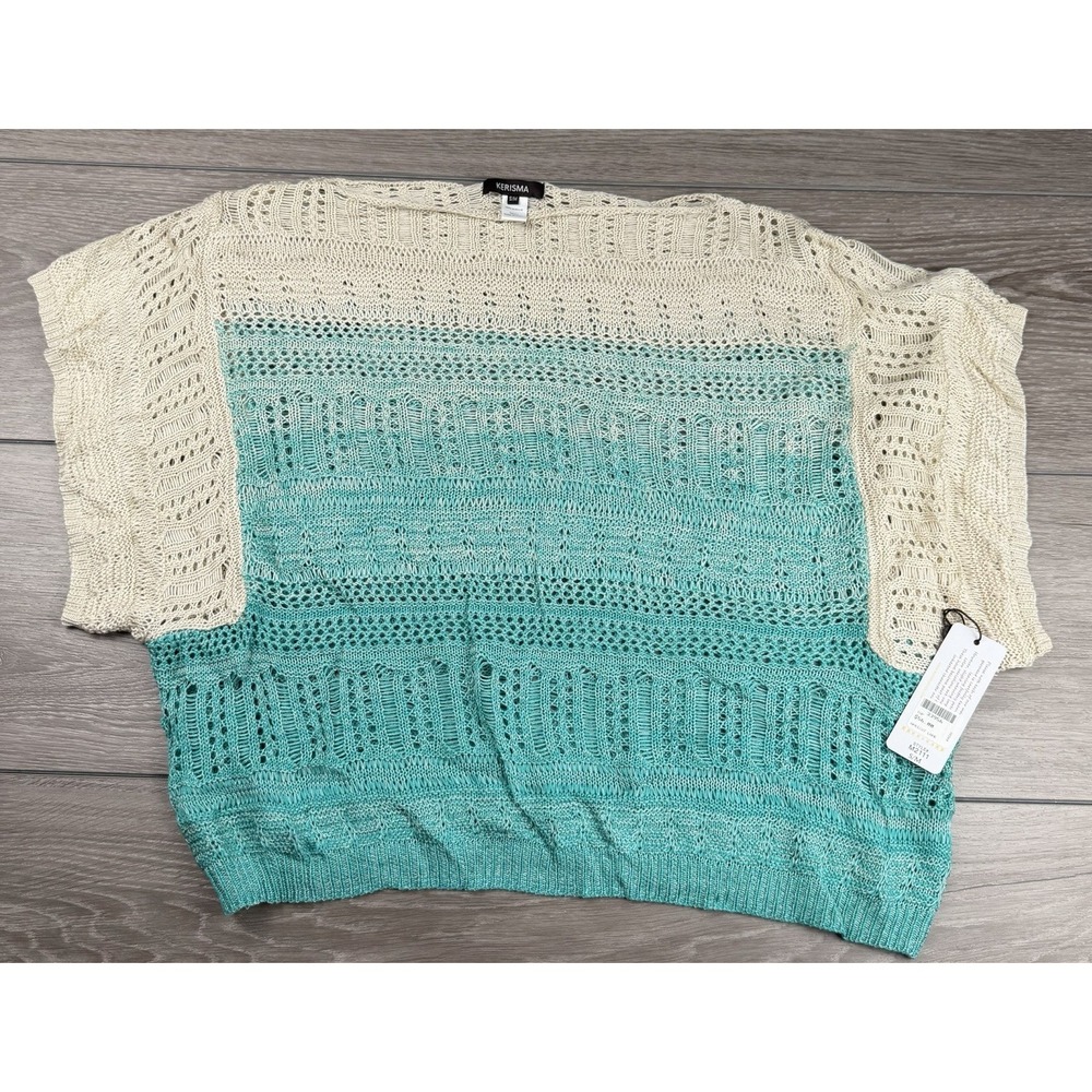 Kerisma Women's Short Sleeve Summer Knit Ombré Top Blue Cream S/M New